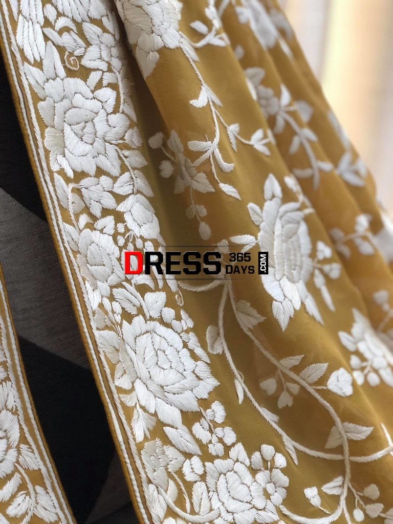 Mustard Yellow Hand Embroidered Parsi Gara Dupatta