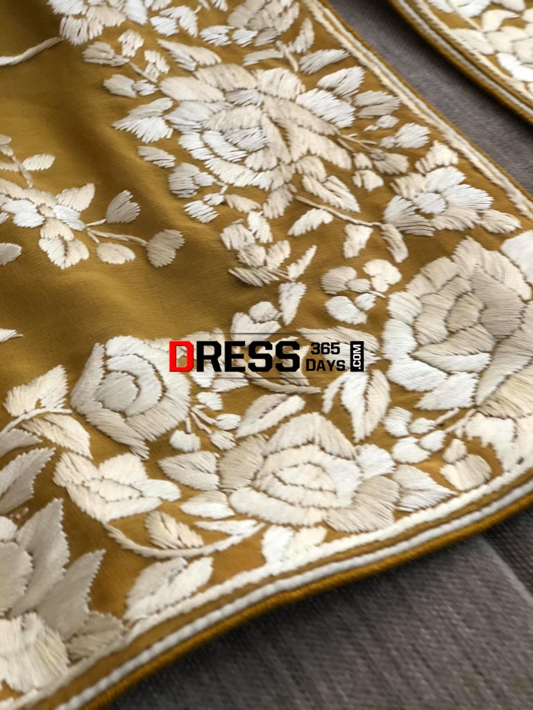 Mustard Yellow Hand Embroidered Parsi Gara Dupatta