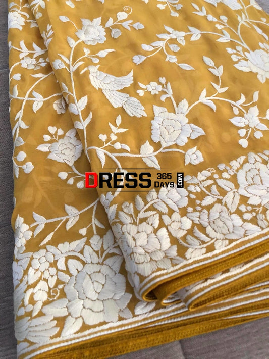 Mustard Yellow Hand Embroidered Parsi Gara Dupatta