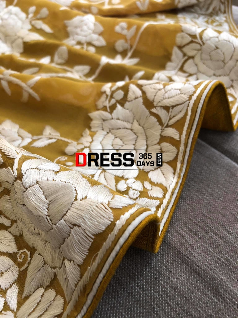 Mustard Yellow Hand Embroidered Parsi Gara Dupatta