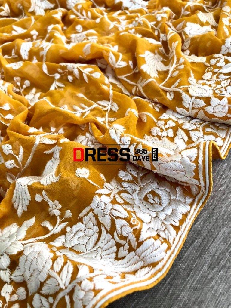 Mustard Yellow & Ivory Hand Embroidered Parsi Gara Dupatta
