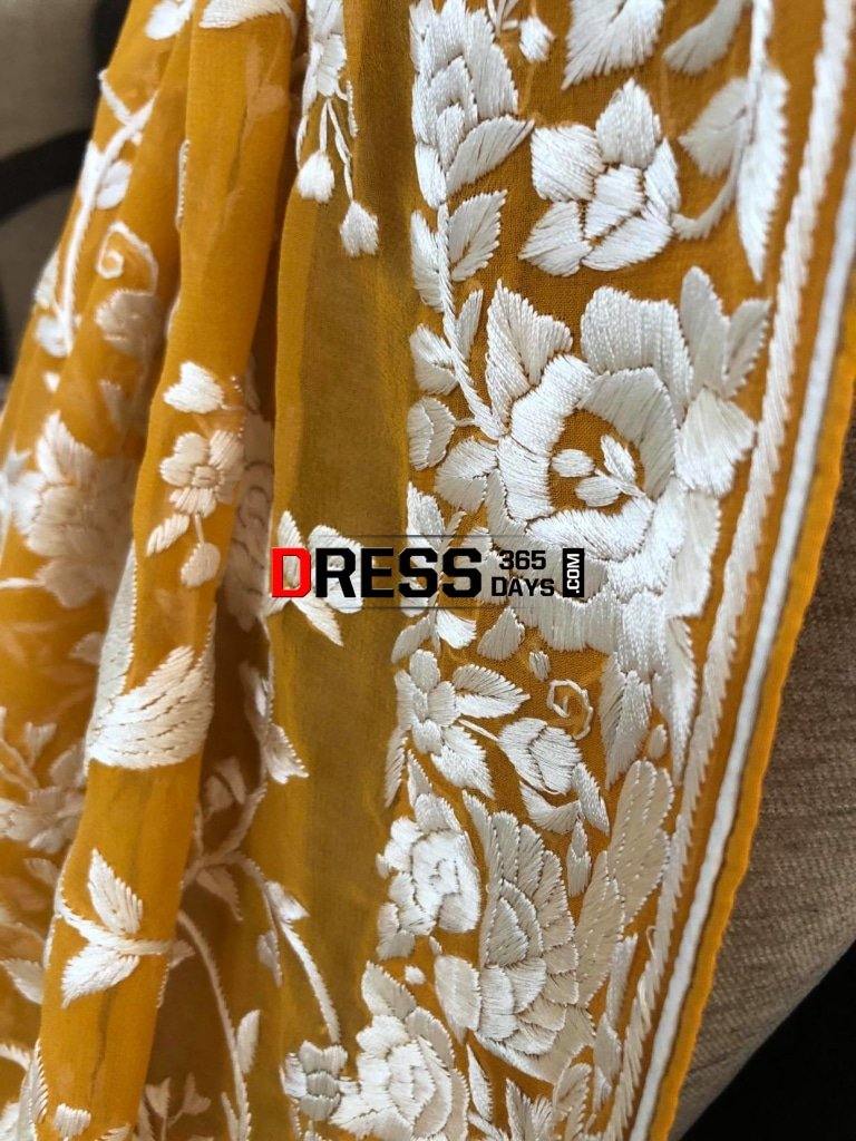 Mustard Yellow & Ivory Hand Embroidered Parsi Gara Dupatta