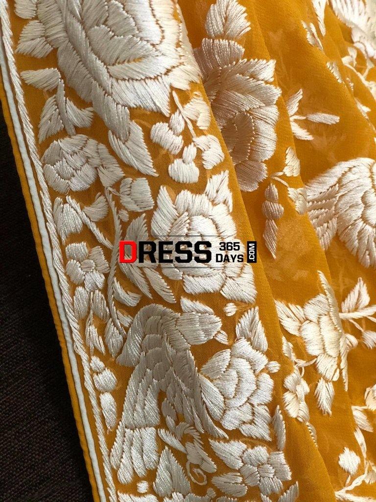 Mustard Yellow & Ivory Hand Embroidered Parsi Gara Dupatta