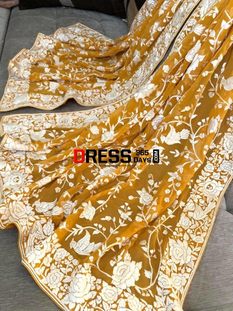 Mustard Yellow & Ivory Hand Embroidered Parsi Gara Dupatta