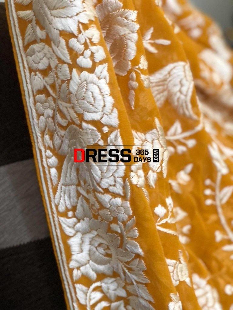 Mustard Yellow & Ivory Hand Embroidered Parsi Gara Dupatta