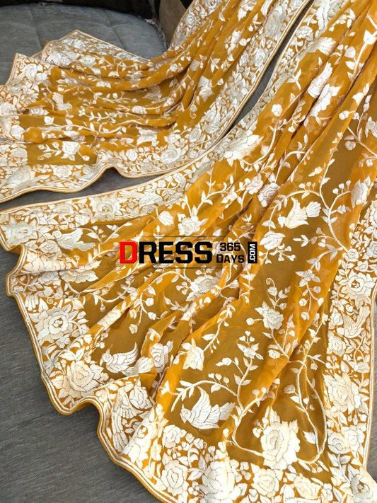 Mustard Yellow & Ivory Hand Embroidered Parsi Gara Dupatta