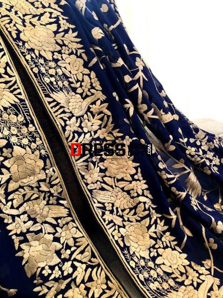Navy And Gold Hand Embroidered Parsi Gara Dupatta