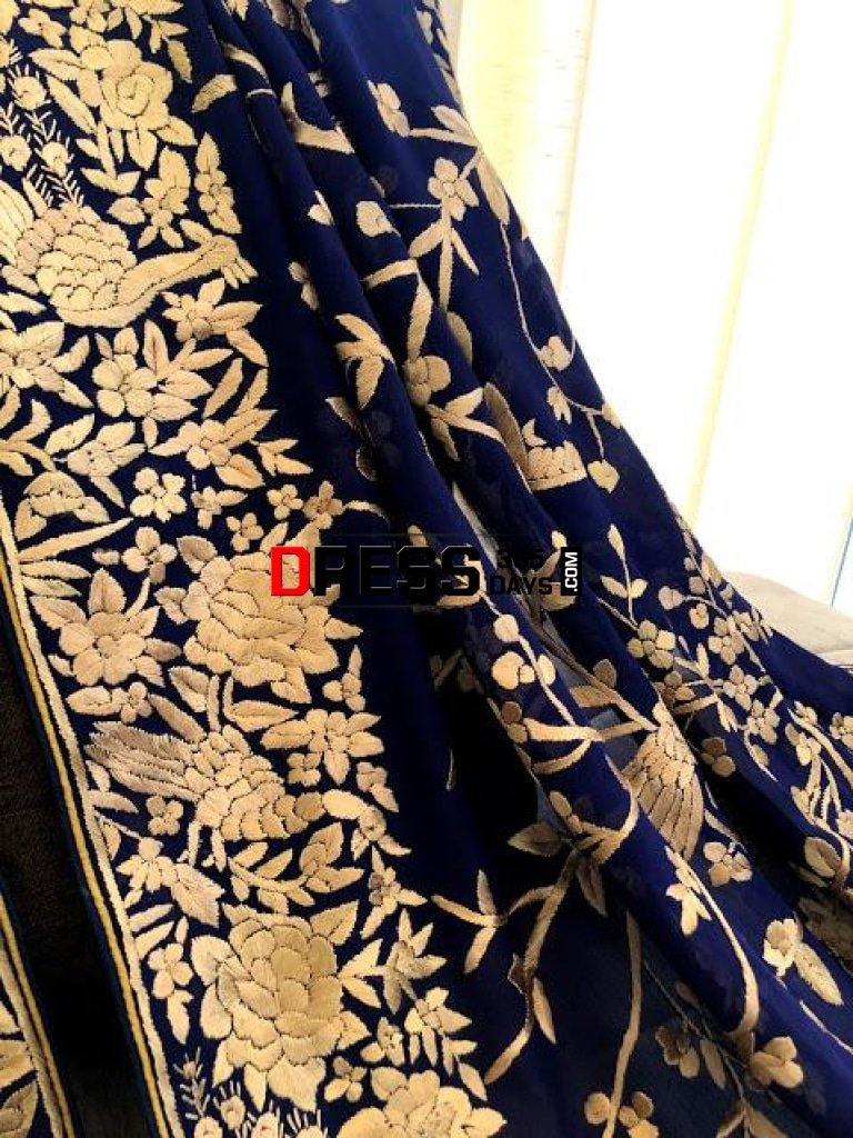 Navy And Gold Hand Embroidered Parsi Gara Dupatta