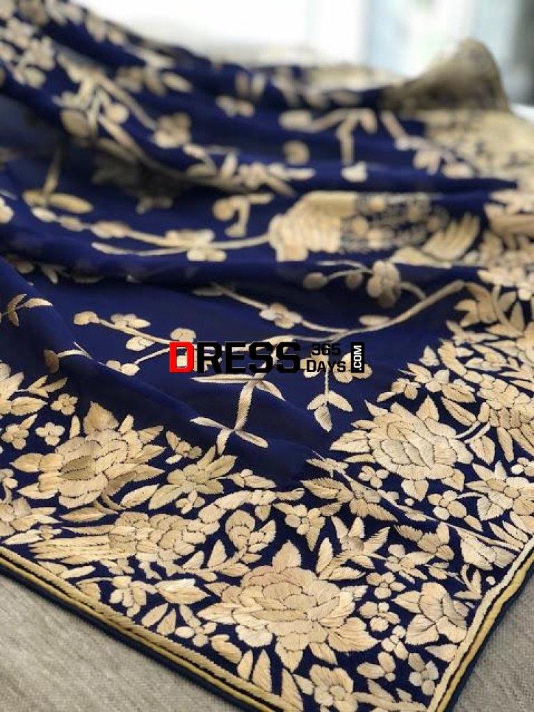 Navy And Gold Hand Embroidered Parsi Gara Dupatta