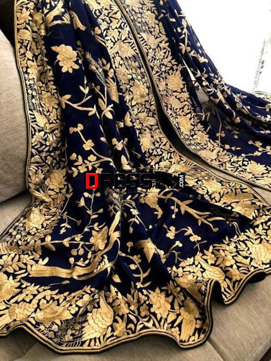 Navy And Gold Hand Embroidered Parsi Gara Dupatta