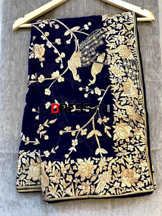 Navy And Gold Hand Embroidered Parsi Gara Dupatta