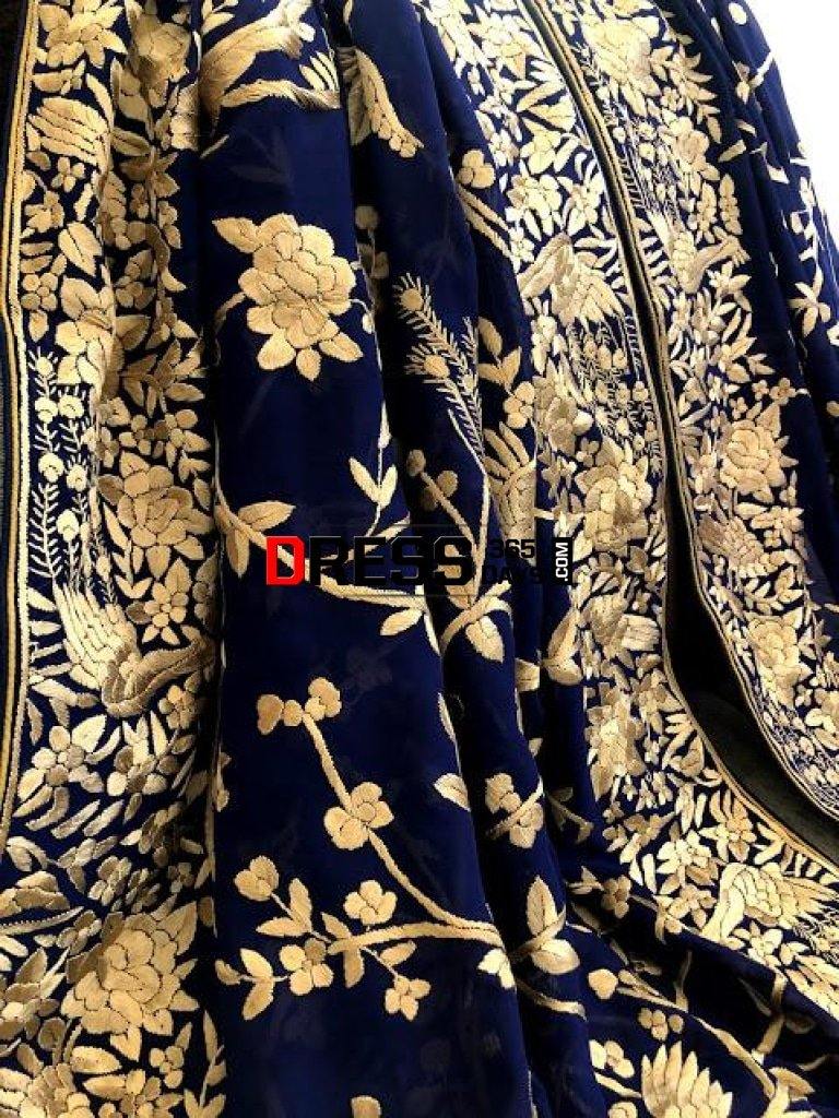 Navy And Gold Hand Embroidered Parsi Gara Dupatta