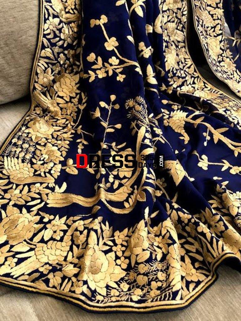 Navy And Gold Hand Embroidered Parsi Gara Dupatta