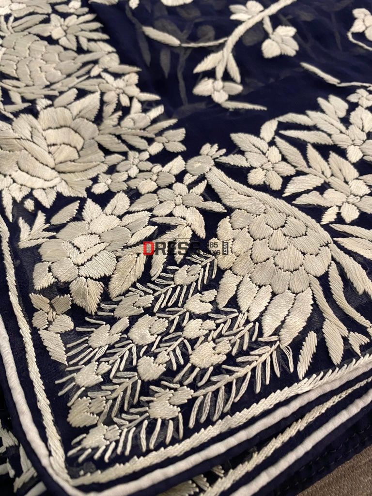 Navy Blue And Ivory Parsi Work Hand Embroidered Dupatta Gara