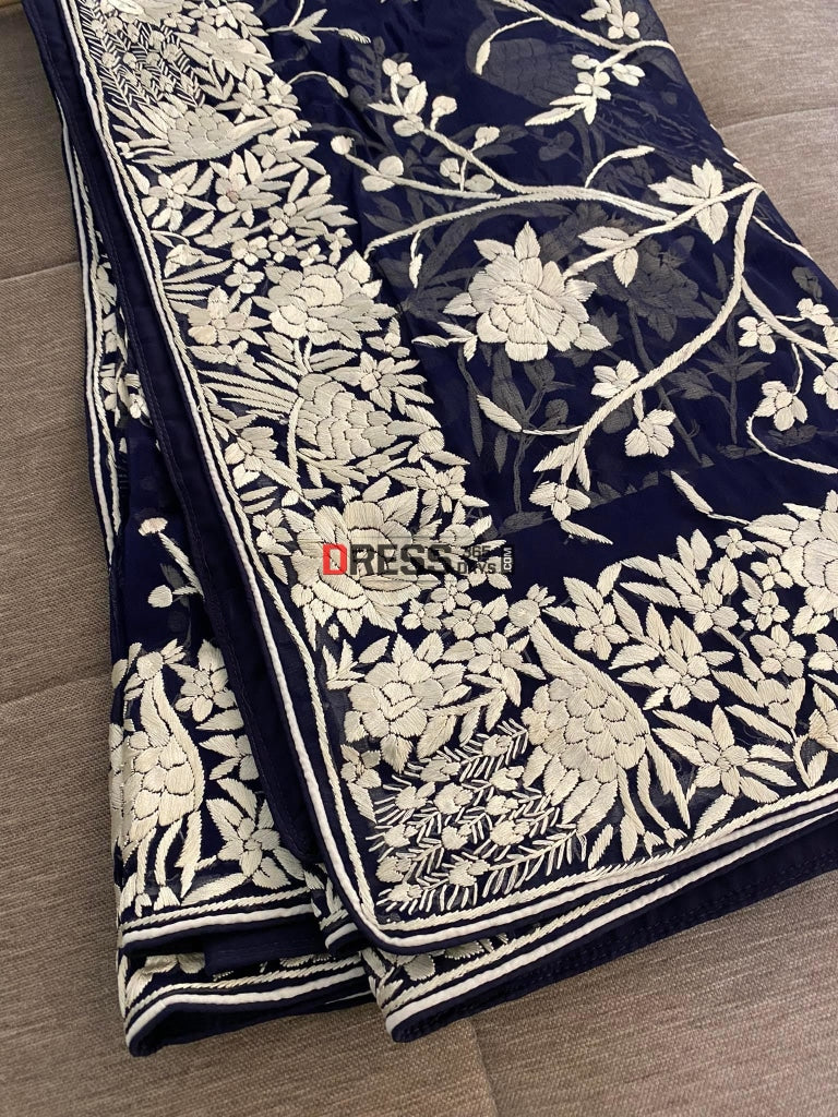 Navy Blue And Ivory Parsi Work Hand Embroidered Dupatta Gara