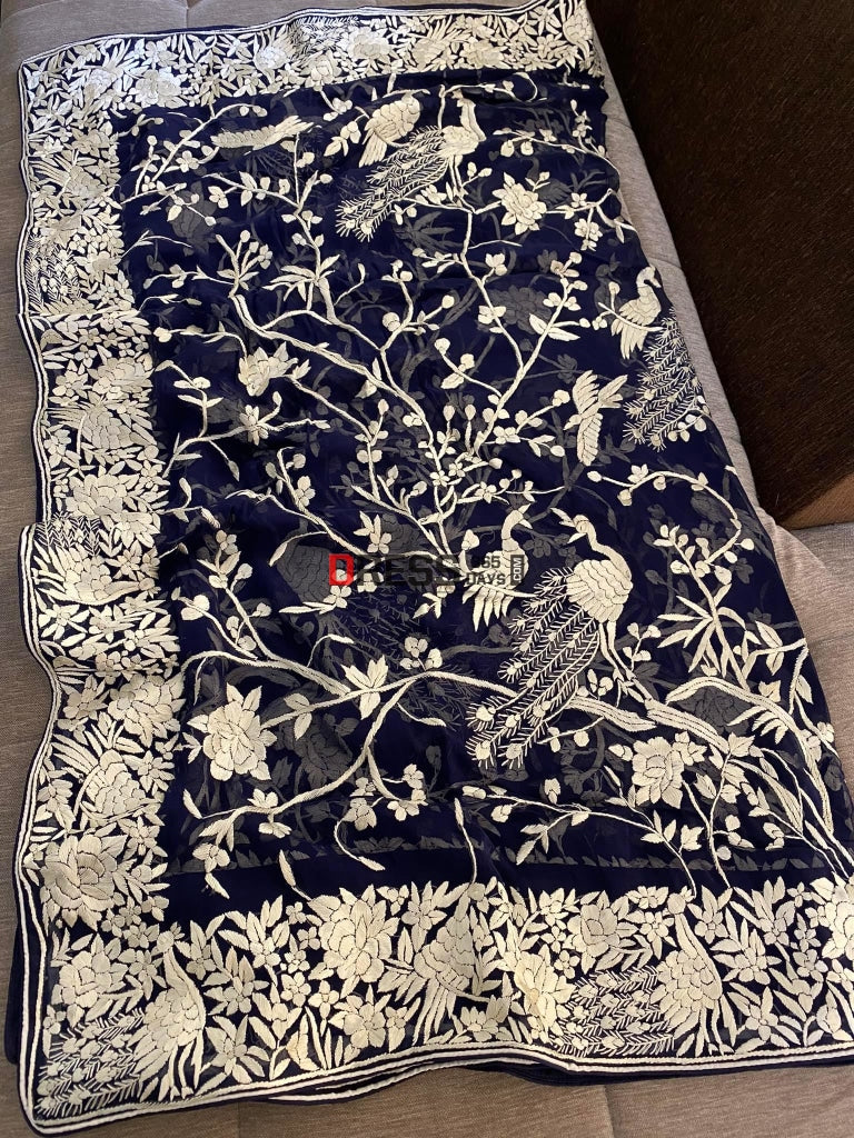 Navy Blue And Ivory Parsi Work Hand Embroidered Dupatta Gara
