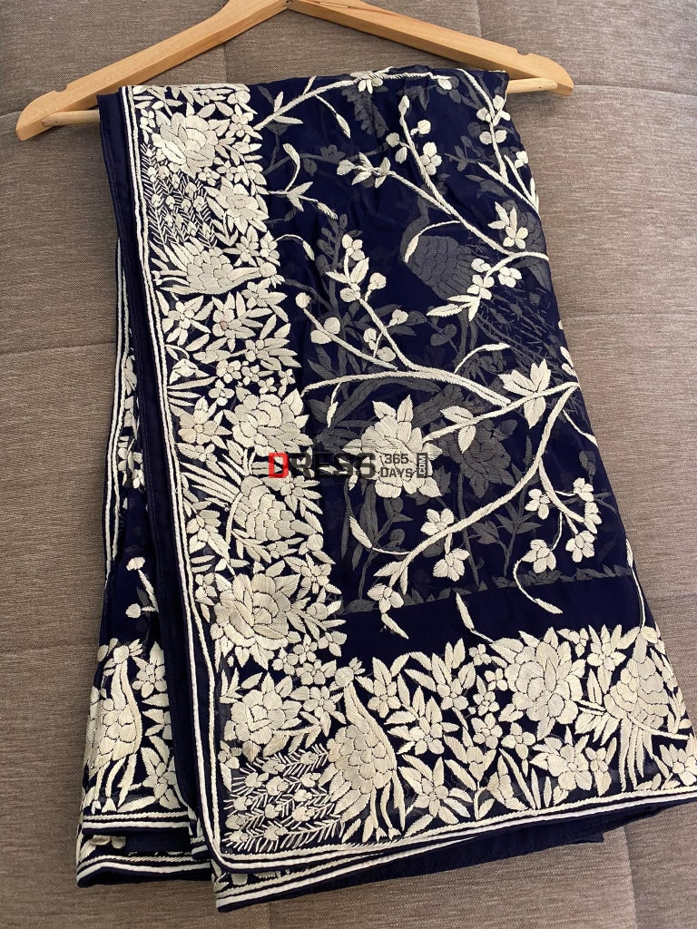 Navy Blue And Ivory Parsi Work Hand Embroidered Dupatta Gara