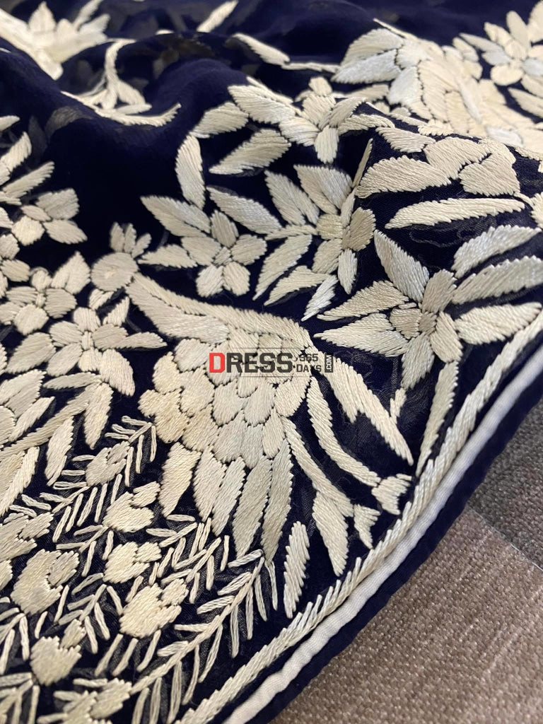 Navy Blue And Ivory Parsi Work Hand Embroidered Dupatta Gara