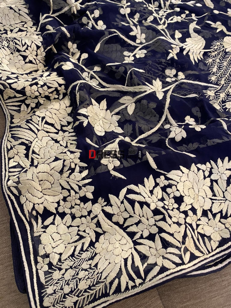 Navy Blue And Ivory Parsi Work Hand Embroidered Dupatta Gara