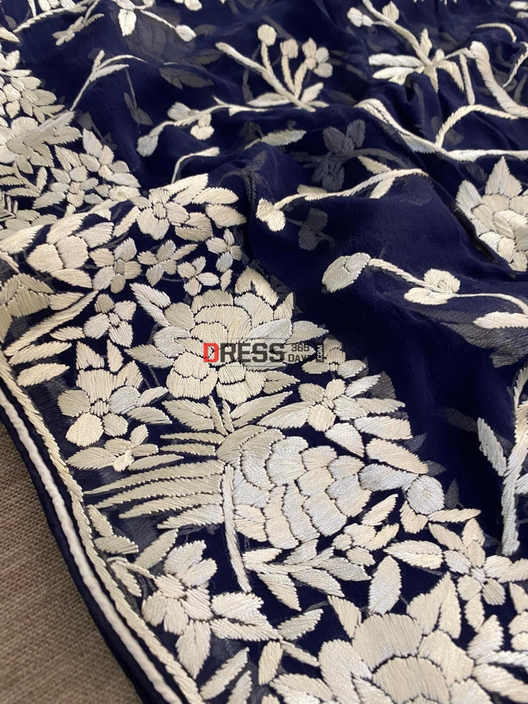 Navy Blue And Ivory Parsi Work Hand Embroidered Dupatta Gara