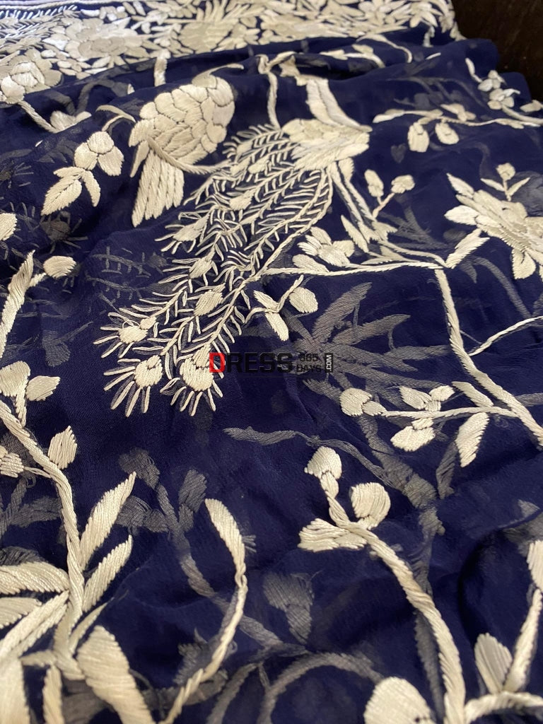 Navy Blue And Ivory Parsi Work Hand Embroidered Dupatta Gara