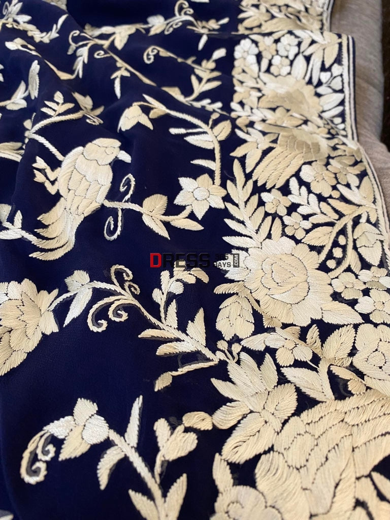 Navy Blue Hand Embroidered Parsi Gara Saree