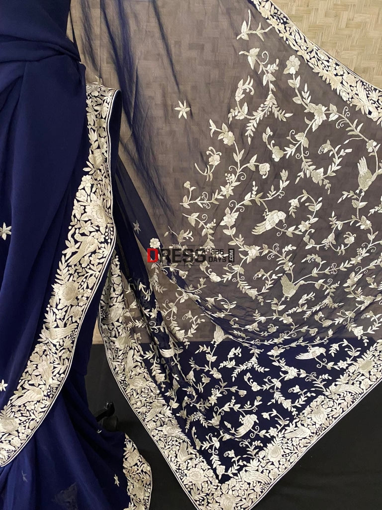 Navy Blue Hand Embroidered Parsi Gara Saree