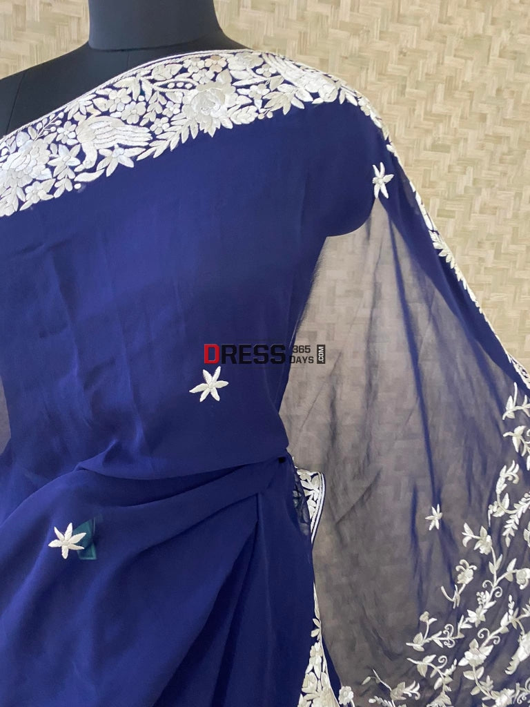 Navy Blue Hand Embroidered Parsi Gara Saree