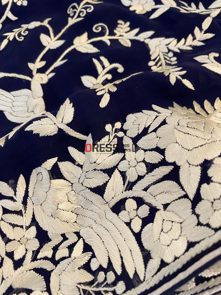 Navy Blue Hand Embroidered Parsi Gara Saree