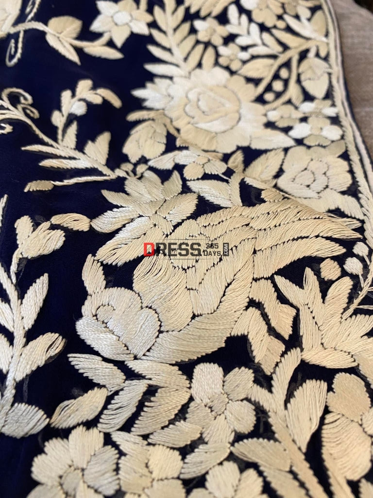 Navy Blue Hand Embroidered Parsi Gara Saree