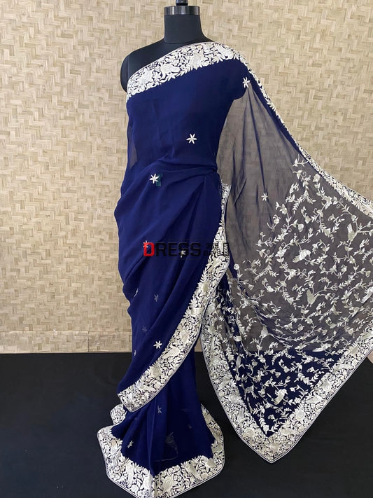 Navy Blue Hand Embroidered Parsi Gara Saree