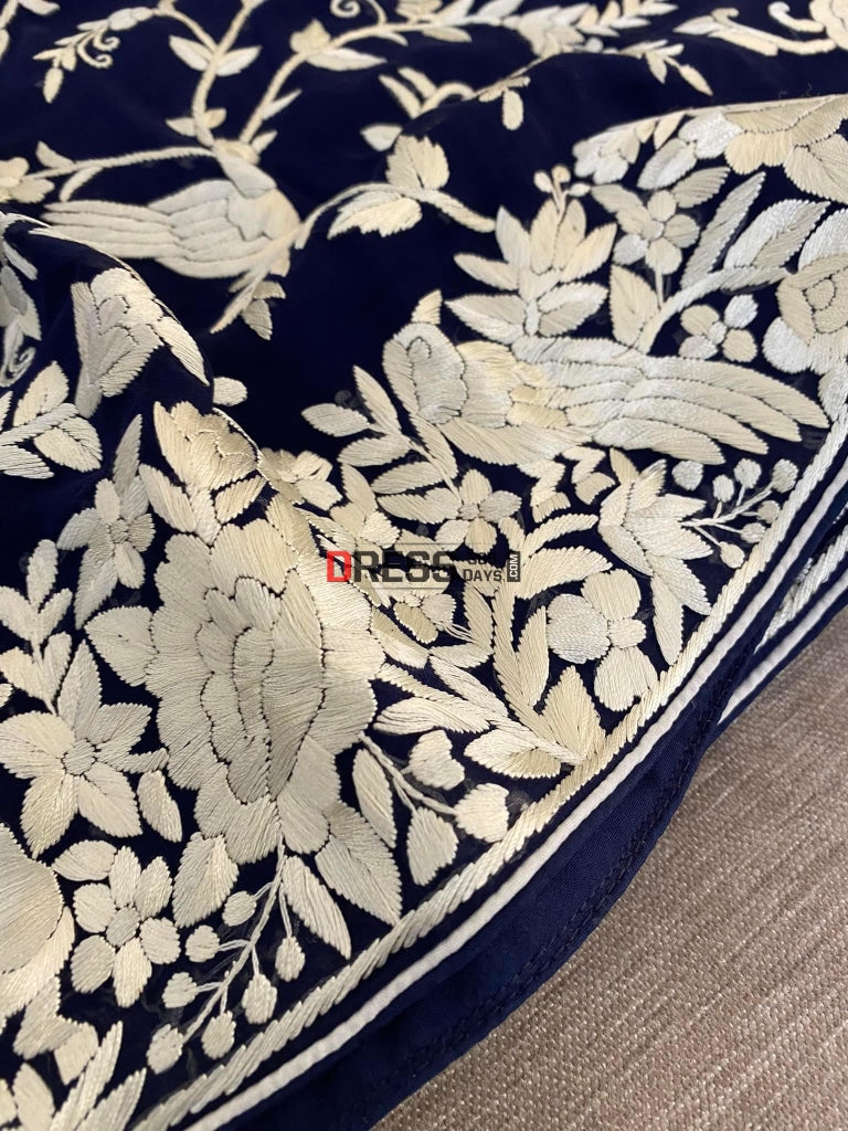 Navy Blue Hand Embroidered Parsi Gara Saree