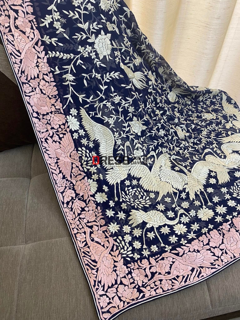 Navy Blue & Pink Border Parsi Gara Dupatta
