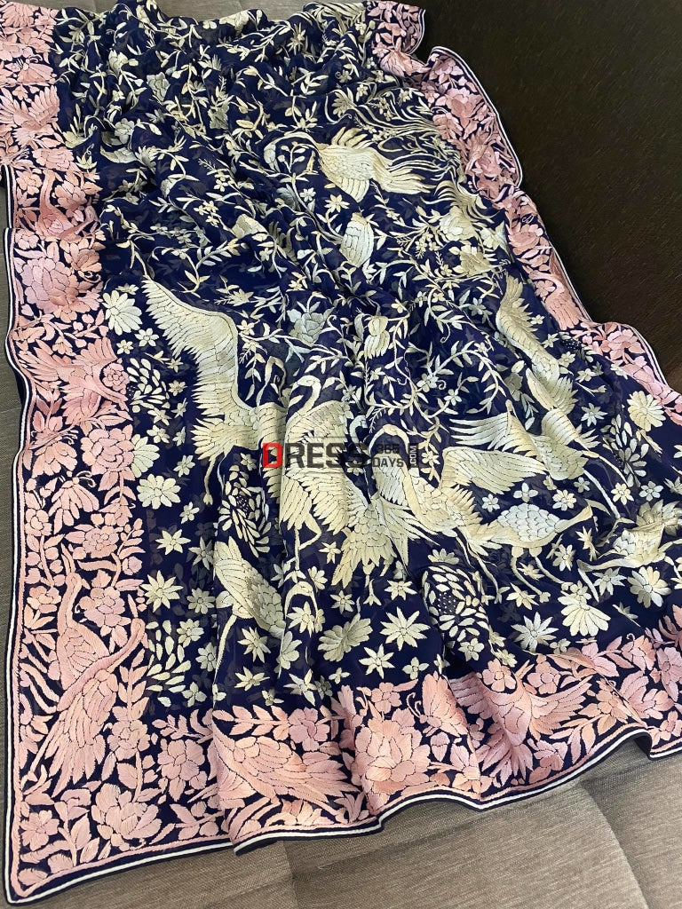 Navy Blue & Pink Border Parsi Gara Dupatta