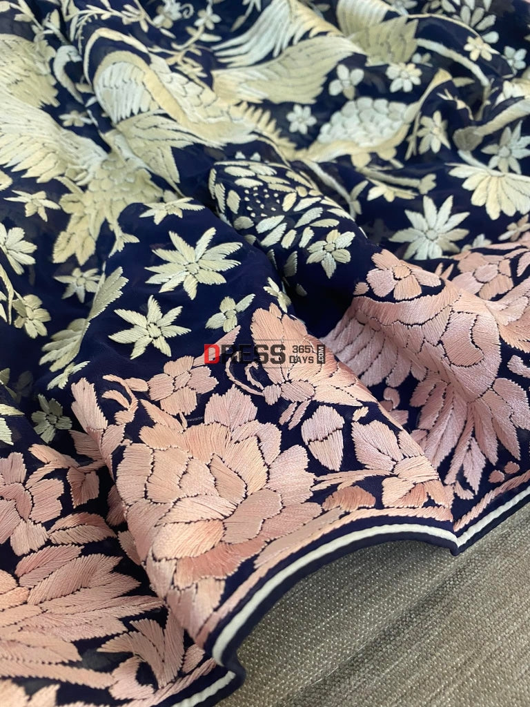 Navy Blue & Pink Border Parsi Gara Dupatta