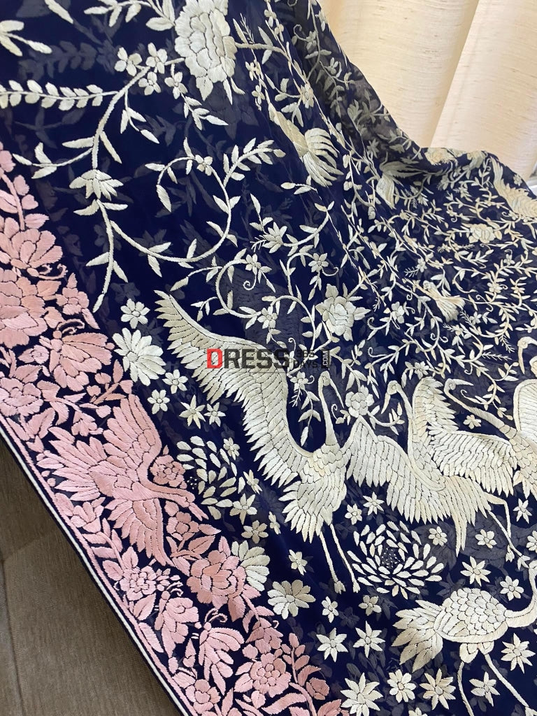 Navy Blue & Pink Border Parsi Gara Dupatta