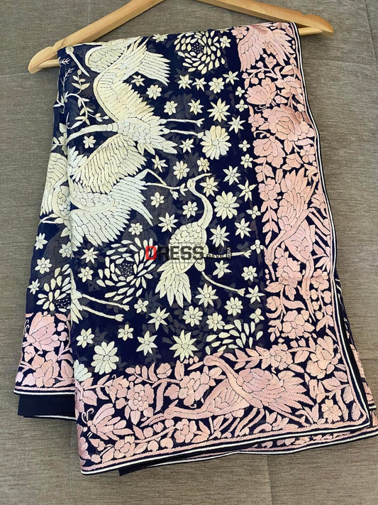 Navy Blue & Pink Border Parsi Gara Dupatta