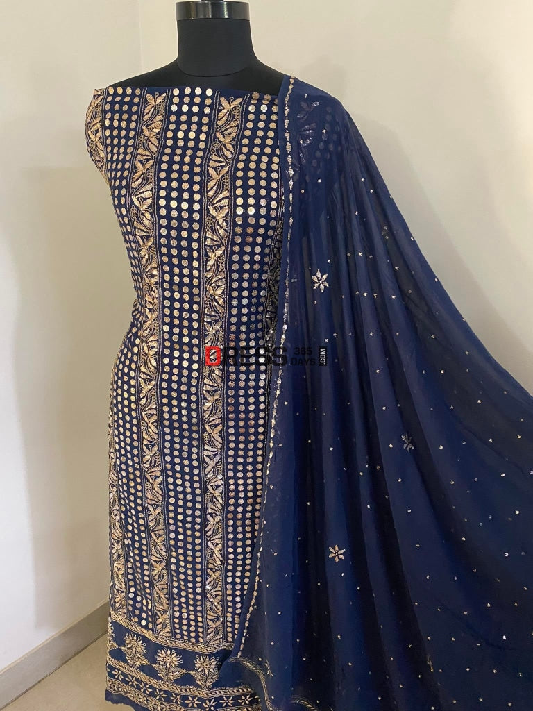 Navy Blue Pure Georgette Kamdani Suit Chikankari Suits