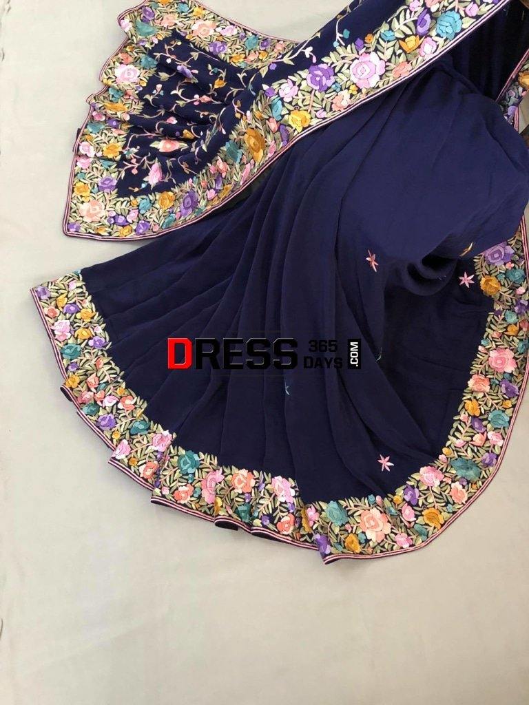 Navy Border Pallu Hand Embroidered Parsi Gara Saree