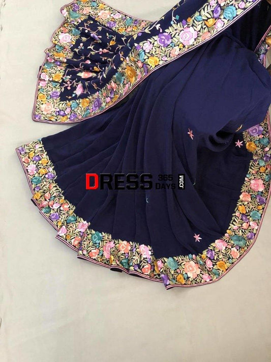 Navy Border Pallu Hand Embroidered Parsi Gara Saree