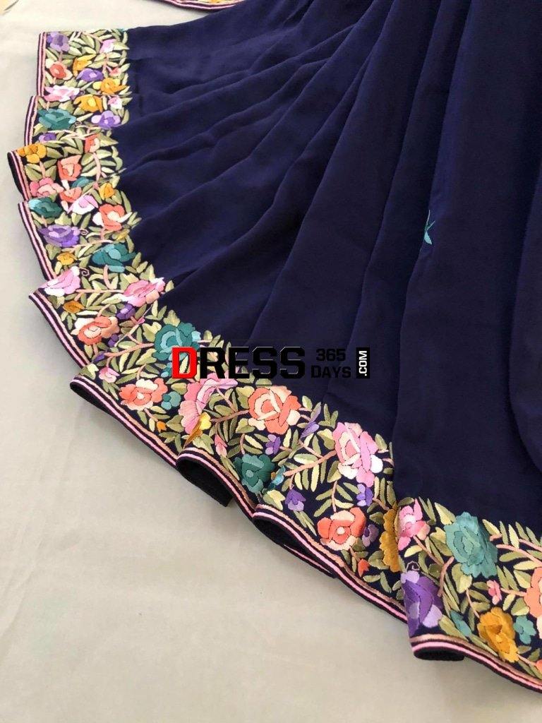 Navy Border Pallu Hand Embroidered Parsi Gara Saree