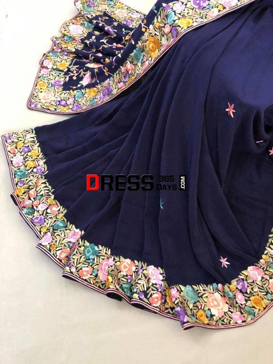 Navy Border Pallu Hand Embroidered Parsi Gara Saree