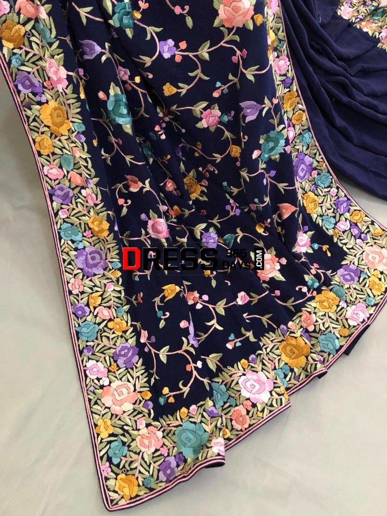Navy Border Pallu Hand Embroidered Parsi Gara Saree