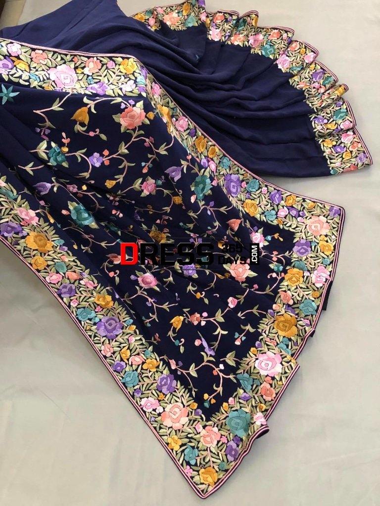 Navy Border Pallu Hand Embroidered Parsi Gara Saree