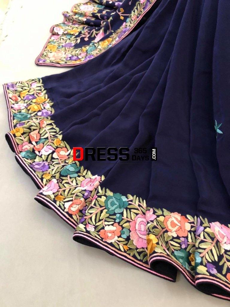 Navy Border Pallu Hand Embroidered Parsi Gara Saree
