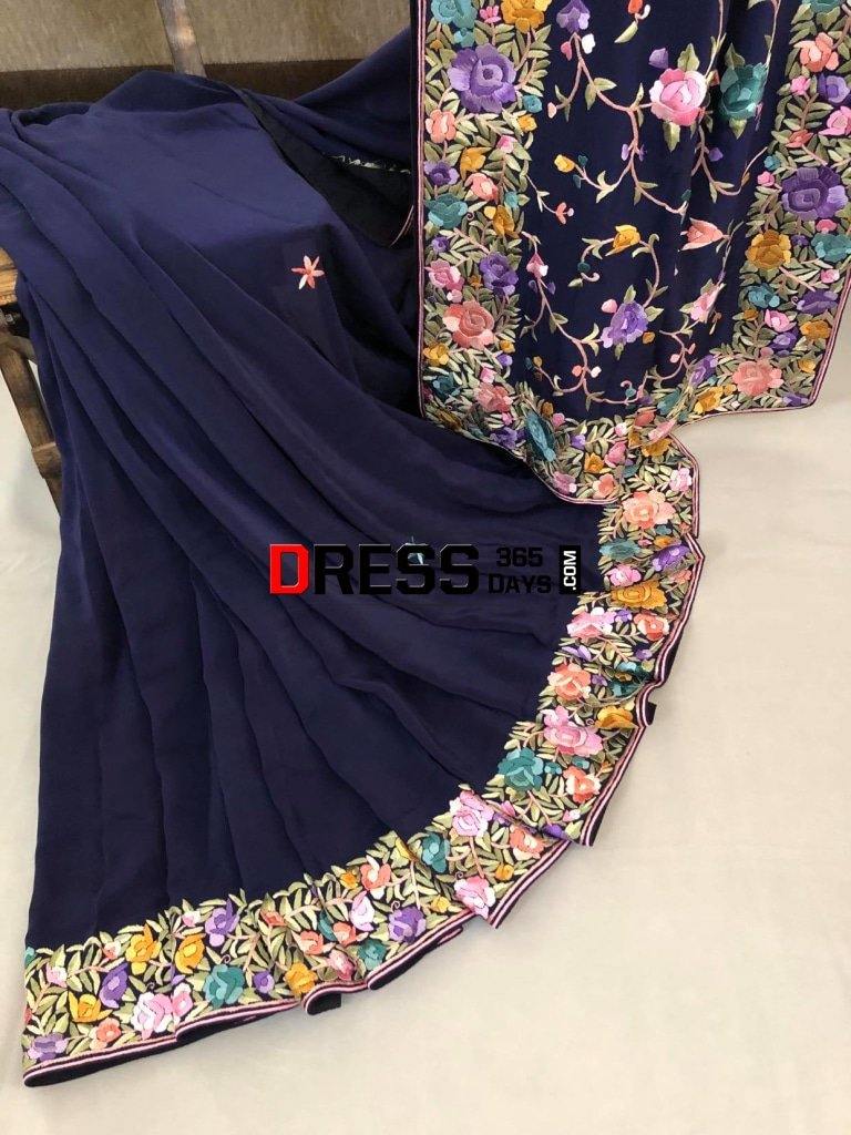 Navy Border Pallu Hand Embroidered Parsi Gara Saree