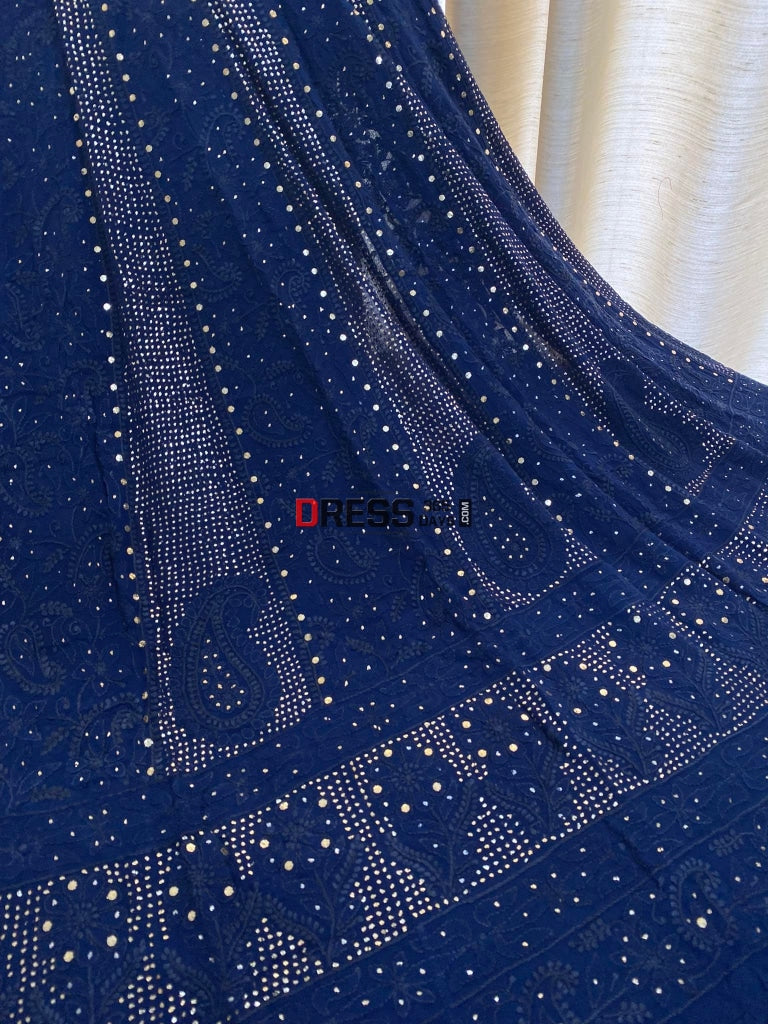 Navy Chikankari Anarkali Suit With Golden Mukaish (Anarkali And Dupatta)