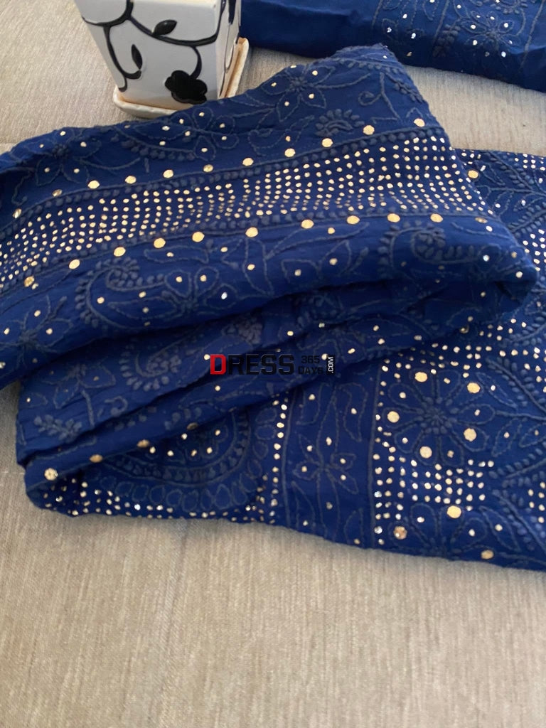 Navy Chikankari Anarkali Suit With Golden Mukaish (Anarkali And Dupatta)