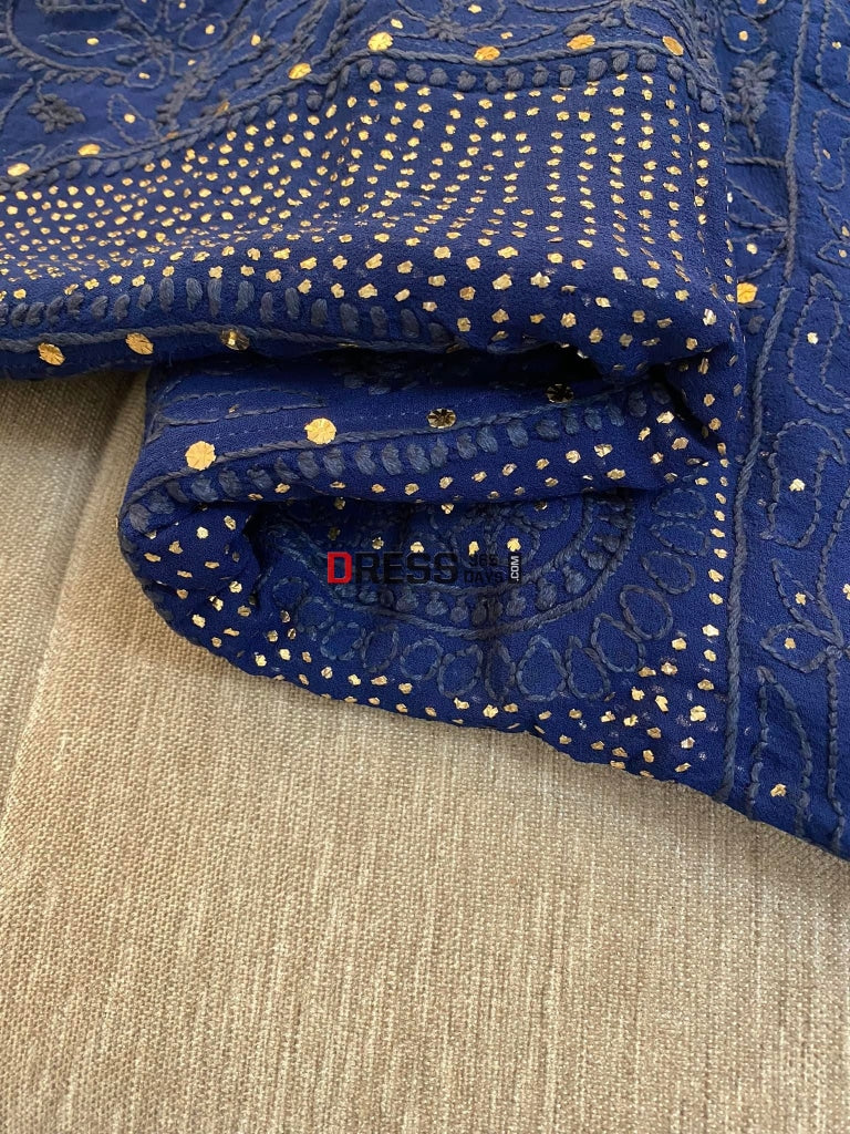 Navy Chikankari Anarkali Suit With Golden Mukaish (Anarkali And Dupatta)