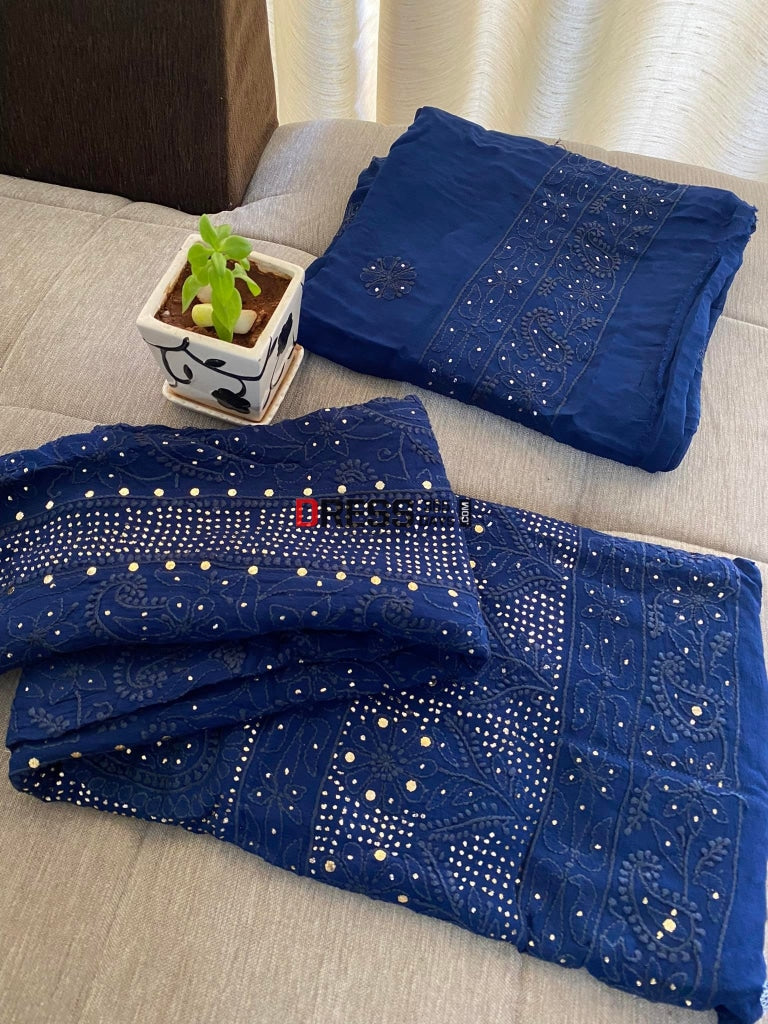 Navy Chikankari Anarkali Suit With Golden Mukaish (Anarkali And Dupatta)